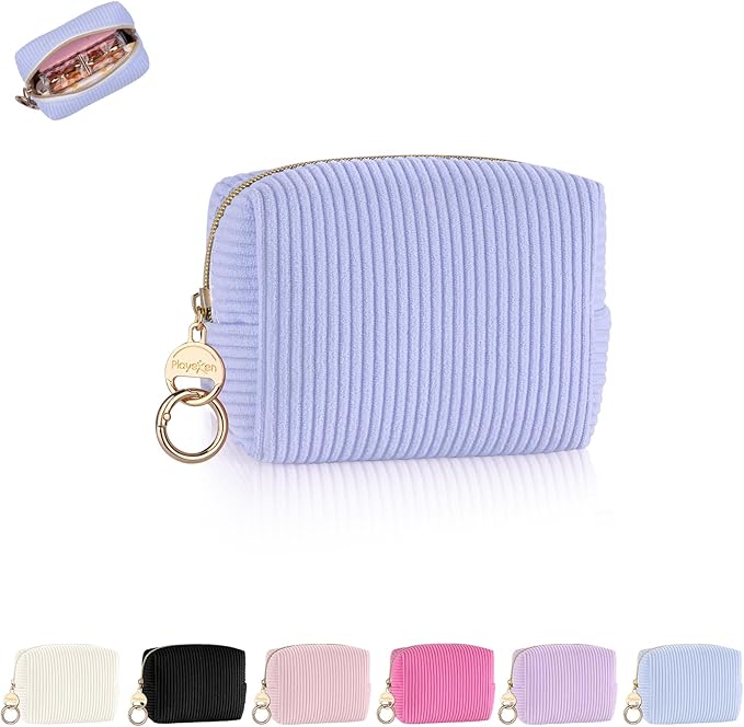 Mini Makeup Bag, Corduroy Small Cosmetic Bag for Purse with Ring Buckle, Portable Travel Makeup Pouch for Lipsticks, Chapsticks, Coin, Earphone, Credit Card (Light Purple)