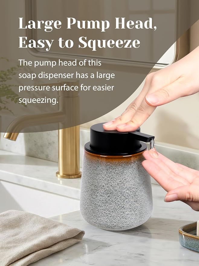 INGOFIN Ceramic Lotion Dispenser - 12 oz Refillable Hand Soap Dispenser Bathroom, Modern Liquid Dispenser with Pump, Dish Soap Dispenser for Kitchen, Kiln-Glazed Grey White