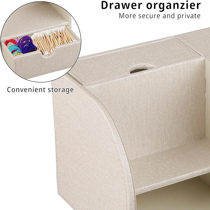 YAPISHI Tissue Box Cover with Storage Tray and Drawer, PU Leather Square Tissue Box Holder, Modern Cube Facial Tissue Dispenser, Makeup Holder, Remote Control Organizer for Nightstand, Bathroom Vanity
