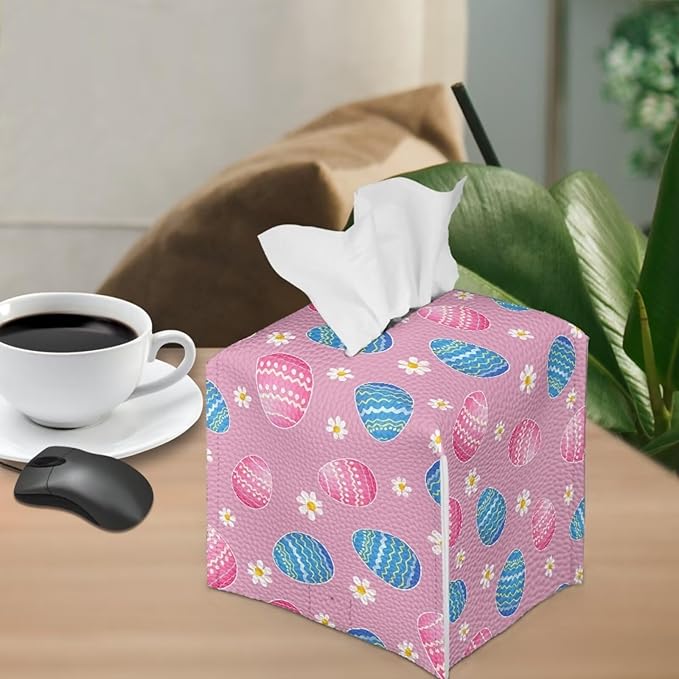 Pink Eggs Flower Tissue Box Case PU Leather Square Modern Asthetic Tissue Box Cover with Metal Button Waterproof Napkin Organizer for Home Office Car Bathroom Decor