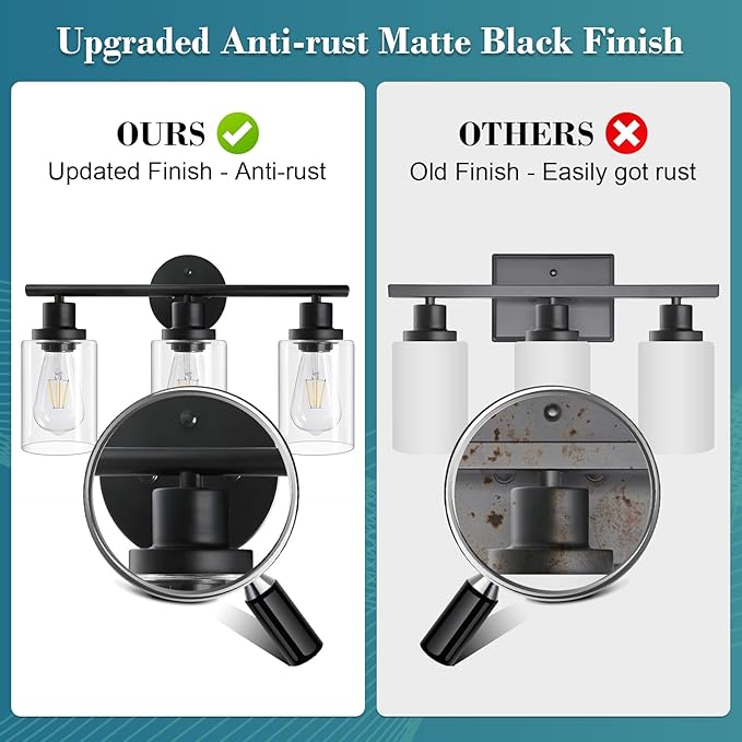 Unicozin Modern Bathroom Light Fixtures, 3 Light Vanity Lights, Black Wall Lamp with Clear Glass for Bathroom, Mirror, Living Room, Bedroom, Hallway, E26 Base