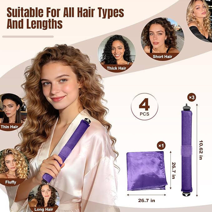 TULOBI 3 Pcs Heatless Curls Overnight - Upgraded Velvet Heatless Hair Curler with Velcro Fastener, Overnight Jumbo Blowout Rods, Hair Curlers to Sleep in for All Hair Types (Purple)