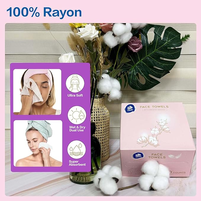 Vinda Clean Face Towels, Disposable, XL Facial Towels, 30 Count - Thick 100% Rayon Fabric Dry Wipes for Sensitive Skin & Makeup Removal