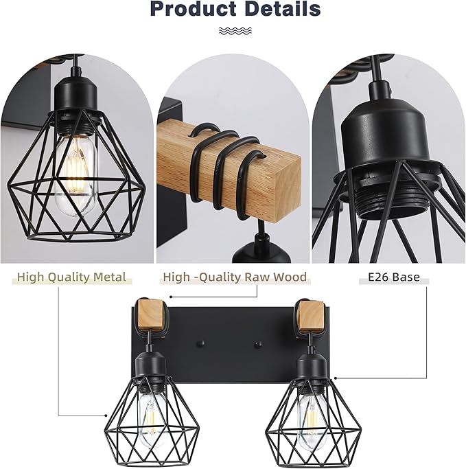 Farmhouse Bathroom Vanity Light Fixtures, 3-Light Wood Bathroom Light Fixtures Over Mirror, Rustic Sconces Wall Lighting with Elegant Metal Lampshade for Living Room, Bedroom, Hallway