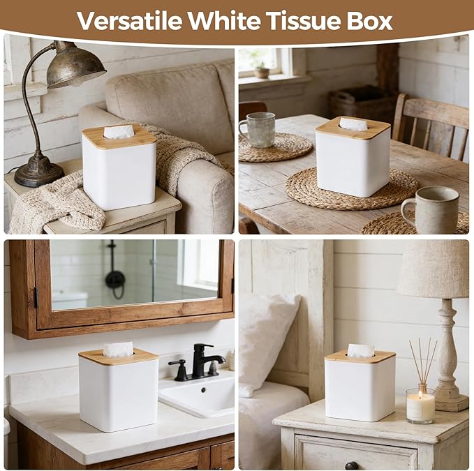 White Tissue Box Cover, Square Tissue Box Holder with Bamboo Cover Plate, Cube Tissue Box Cover for Desk Accessories, Decorative Tissue Box Tissue Holder for Bathroom Office