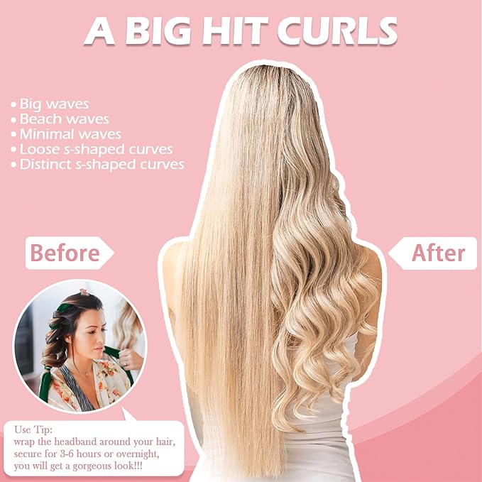Heatless Curls Overnight Headband, 70'' No Heat Hair Curlers with Hair Bonnet for Sleeping, Wine Red