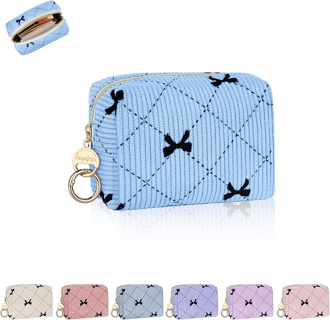 Mini Makeup Bag, Corduroy Small Cosmetic Bag for Purse with Ring Buckle, Bow Tie Travel Makeup Pouch for Lipsticks, Chapsticks, Coin, Earphone, Credit Card (Light Blue)