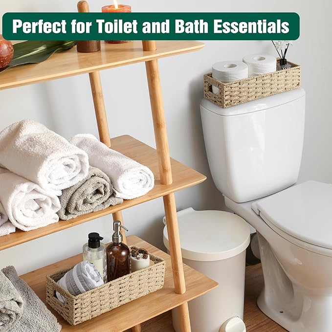 dreamkey Nesting Paper Rope Storage Baskets for Organizing with Handles - Small HandWoven Toilet Paper Basket for Back of Toilet Tank Top - Decorative Storage Baskets, 14 Inch