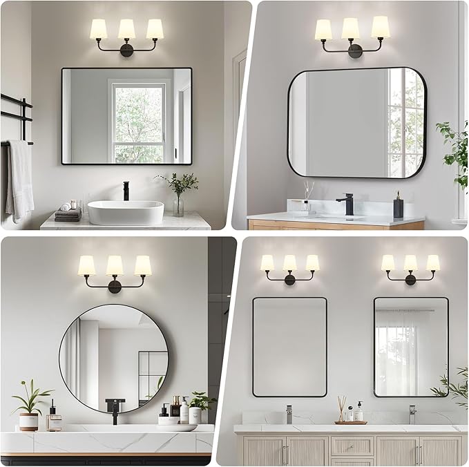 Bathroom Vanity Light, Matte Black Bathroom Light Fixtures, 3-Light Lighting Fixtures Over Mirror, Modern Wall Sconce with Flared White Fabric Shade, E26 Socket(ETL Listed)