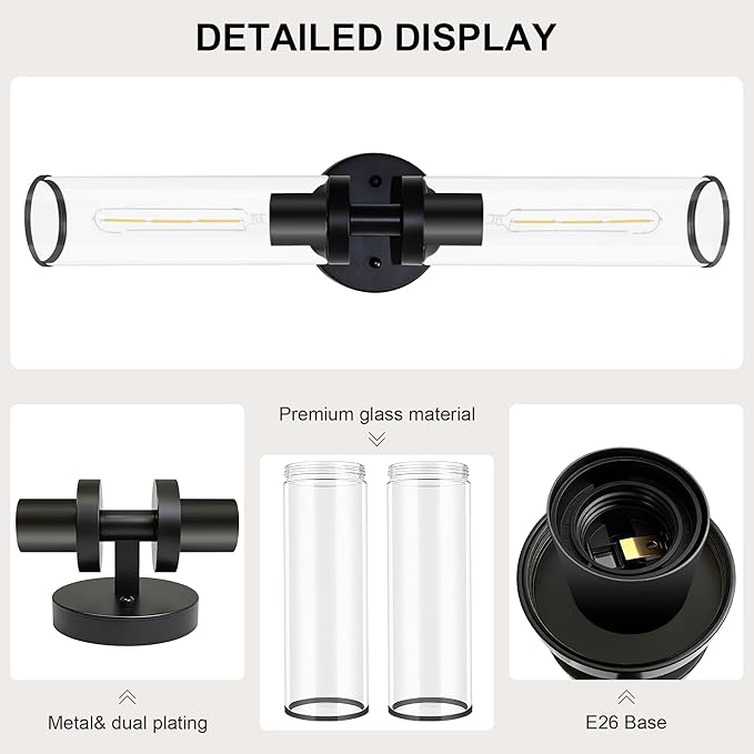 Black Wall Sconces, Set of 2, 22'' Modern Vanity Lights Fixture for Bathroom with Clear Glass, Wall Sconces Lighting, for Living Room/Bathroom Hallway Mirror/Bedroom (Bulbs Not Included)