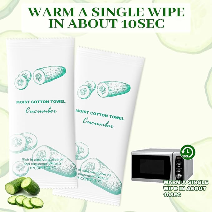 Moist Cotton Towel Bulk Moist Towelettes Individually Wrapped,White Towel Services,Refreshment Pre Moistened Towels for Dentist Travel Sport Party Hotel 50，Green tea (pack of 50, Cucumber)