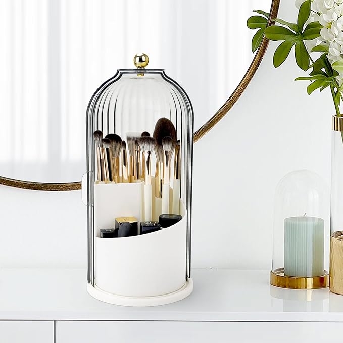 Toothbrush Holders with Sliding Lid, Rotating 3 Slots Bathroom Organizer Countertop, Tooth Brush Toothpaste Holder Bathroom Counter Stand Sink Organizer Caddy for Vanity Makeup Brushes Holder
