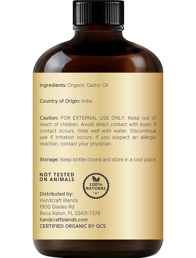 Handcraft Blends Cold-Pressed Organic Castor Oil 4 Fl Oz | Glass Bottle | Lash Brushes | 100% Pure and Natural | Premium Grade Carrier Oil | Hair, Eyelashes and Eyebrows | Hair and Body | Cold-Pressed, Organic, Glass Bottle, Lash Brushes, 100% Pure, Na...