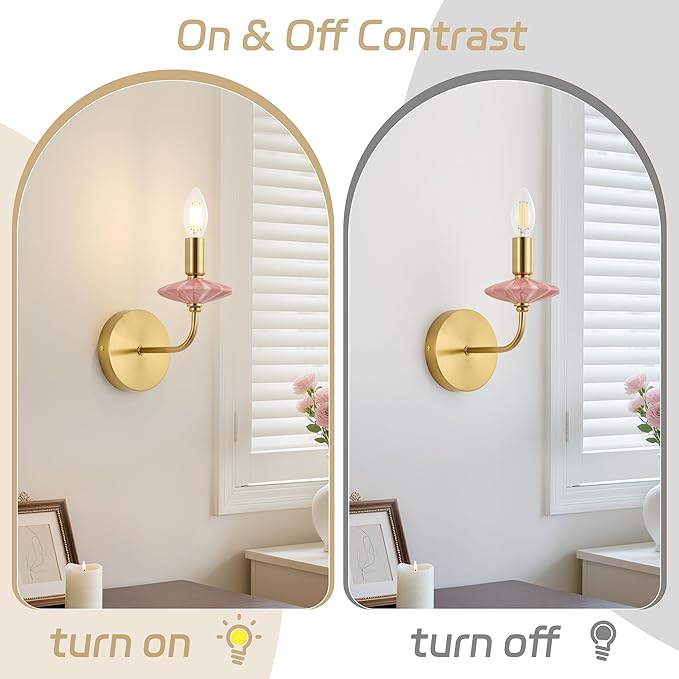 Modern Retro Wall sconces Set of Two with Pink Ceramic Flower Decoration,Brushed Gold Wall Lights, Hardwired Vintage Vanity Light for Bathroom, Living Room, Bedroom, and hallways.