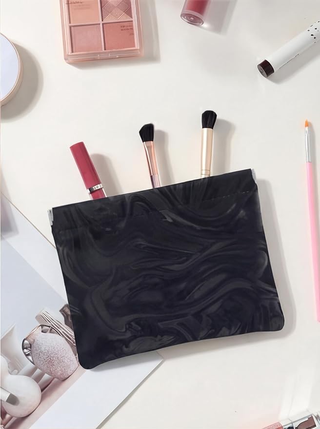 PU Leather Makeup Pouch Set for Women Small Make Up Bag for Purse Waterproof Initial Makeup Cosmetic Bags Pouches for Purse Aesthetic Travel Toiletry Bag,Elegant Wave Black