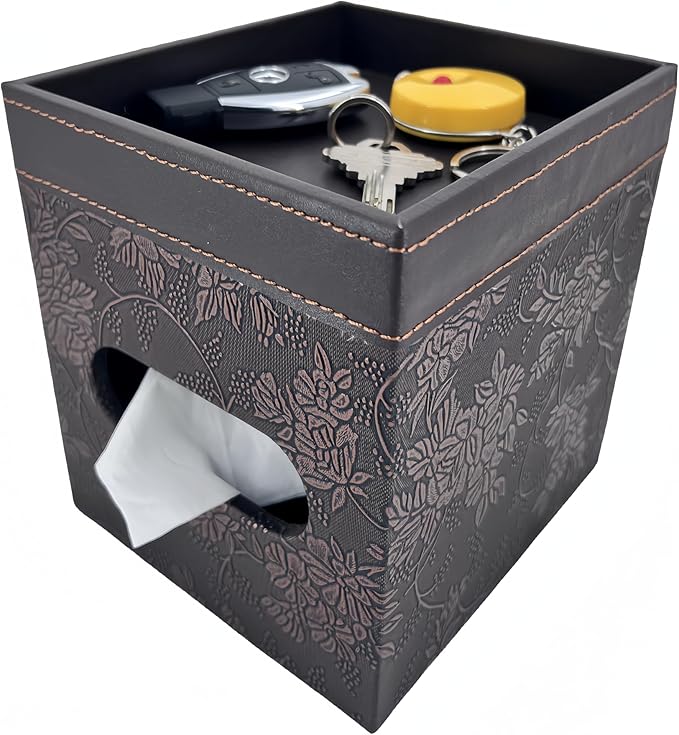 PU Leather Tissue Box Cover Square, Modern Tissue Holder with Storage Valet Tray, Nightstand Decorative Tissues Case, Facial Tissue Box Holder for Bathroom,Bedroom,Livingroom and Office (Antique)