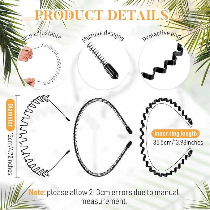 WILLBOND Metal Headband 3 Pack - Unisex Wired Zigzag Sports Fashion Headwear, Non-Slip Hair Hoop Accessories (Wavy, Small, Wave)