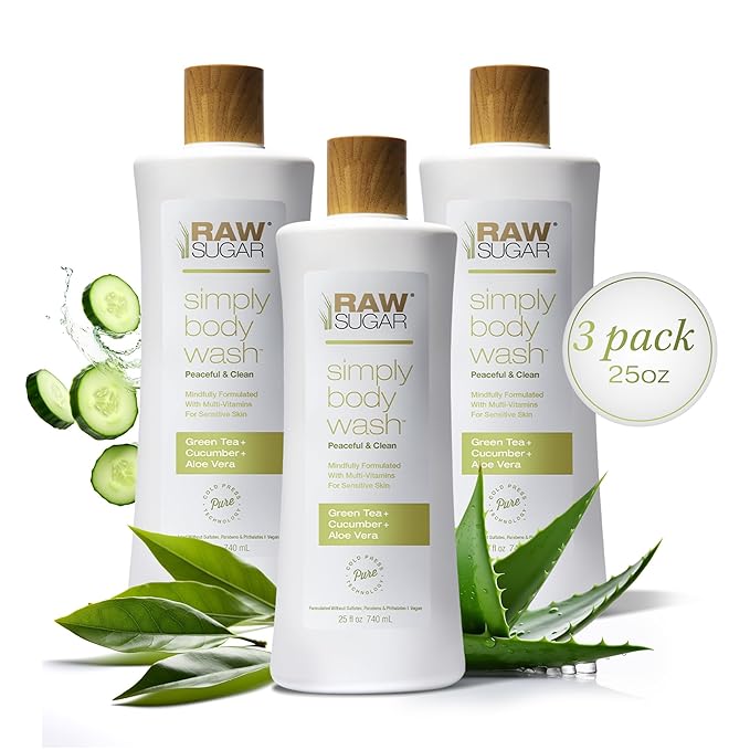 RAW SUGAR Green Tea Aloe Soother Gentle & Hydrating Body Wash, 20 Fl Oz (Pack of 3), Gentle & Soothing Bath & Shower Gel, Sensitive Skin-Friendly, Vegan, Formulated without SLS/SLES & Parabens