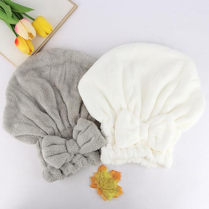 2PCS Microfiber Hair Drying Caps Hair Towel Cap Extra Soft and Ultra Absorbent Fast-Drying Hair Turban Wraps Gift for Women and Girls(Grey and White)