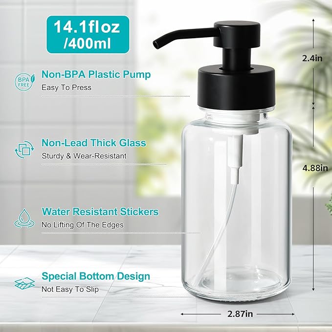Foaming Hand Soap Dispenser, 14.1 oz/400ml Foaming Soap Dispenser, 2 Pack Glass Foaming Dispenser for Bathroom & Kitchen, Clear Refillable Liquid Dispenser Bottle with Waterproof Labels