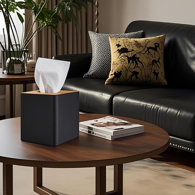 RETON 2 Pack Tissue Box Cover, Square Plastic Tissue Holder with Bamboo Cover Plate, Cube Black White Paper Organizers for Living Room, Office, Home Decor, Night Stand