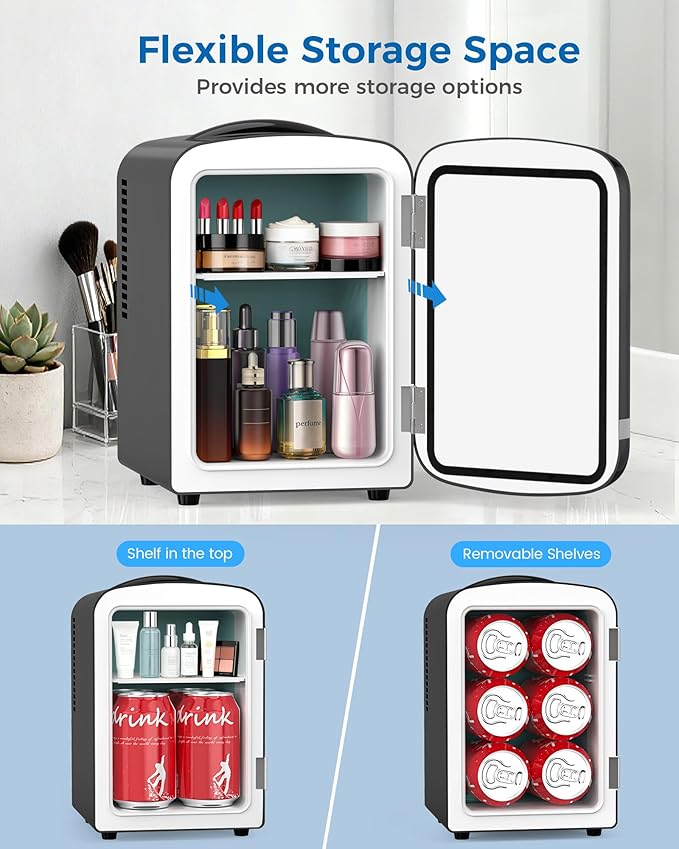 Mini Fridge for Bedroom, 4L/6 Cans Small Cosmetic Fridge for Skincare, Makeup, Medicine & Beverage, Portable Desk Fridge Cooler and Warmer for Kids, Car, Office, Dorm, Black
