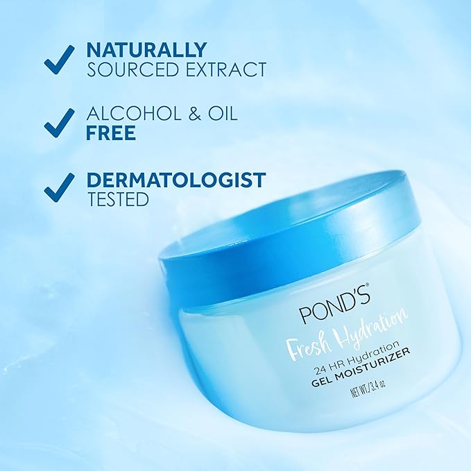 POND'S Fresh Hydration Gel Moisturizer – 24 HR Hydration with Vitamin E, Hyaluronic Acid & Vitamin B3 – Alcohol & Oil-Free Face Moisturizer – Dermatologist Tested, 3.4 oz, (Pack of 2)