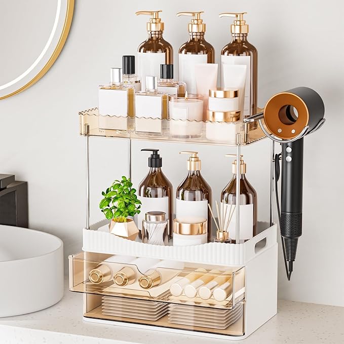 Bathroom Counter Organizer with Hairdryer Holder, 2-Tier 2-Drawer Shower Organizer for Skincare, Makeup Cosmetics, Large Capacity Vanity Organizer, Bathroom Decor, Valentine's Day(Amber)