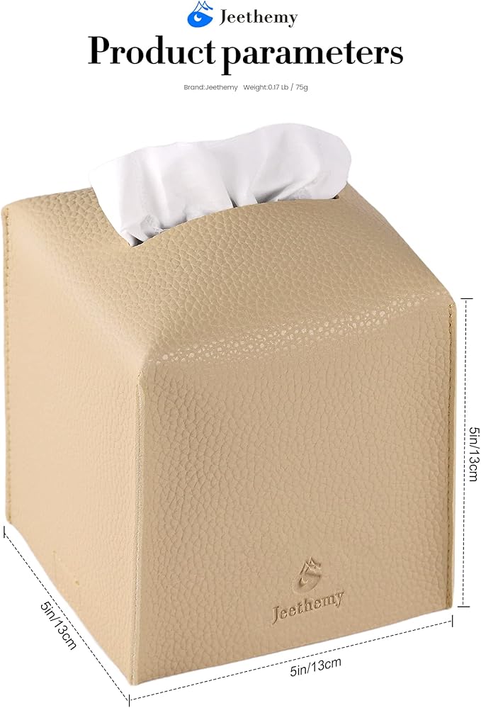 Tissue Box Cover, Jeethemy Square PU Leather Tissue Box Holder, Modern Tissue Case Facial Paper Organizer Dispenser，5X5X5'',Three Beige