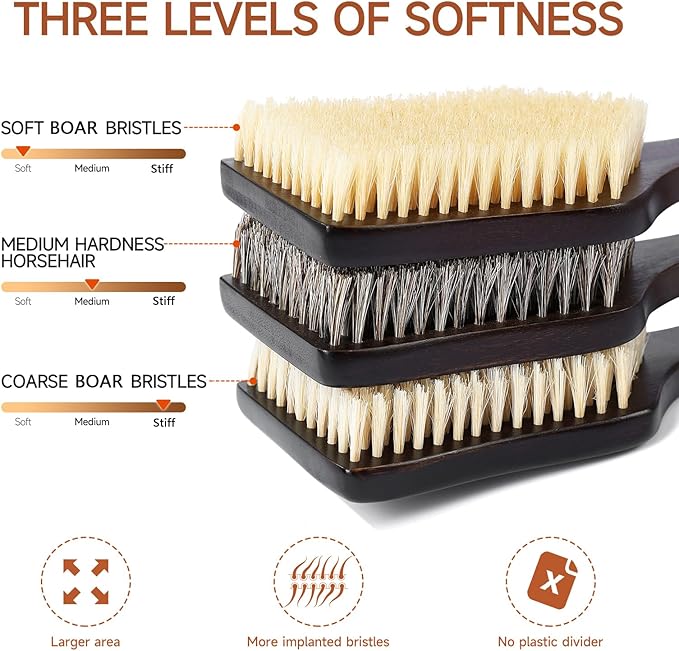 Back Scrubber Shower Brush,Dry Brushing Body Brush with 17.7 Inch Curved Long Handle, Natural Bristles for Lymphatic Drainage, Soft & Stiff Bristles Available (Stiff-Thick Boar Bristles)