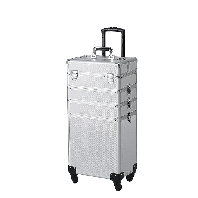 4 in 1 Rolling Makeup Train Case, Professional Aluminum Makeup Travel Organizer Cosmetic Case, Cosmetology Caboodle Case on 360° Wheels, Beauty Storage Luggage Lockable(Silver)