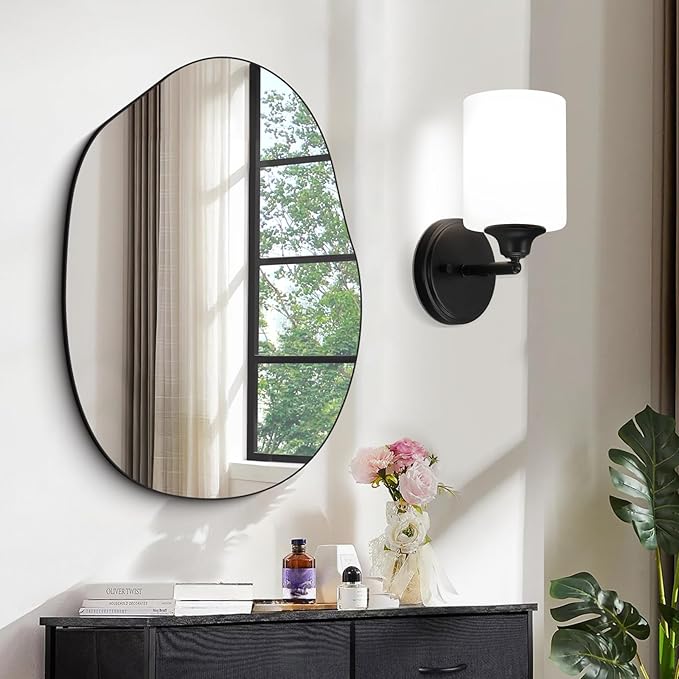 Wall Sconces Set of Two Bathroom Light Fixtures with Frosted Glass Shade, Modern Matte Black Wall Lights Vanity Lights, Sconces Wall Decor Set of 2 for Bathroom Bedroom Mirror (E26 Base)