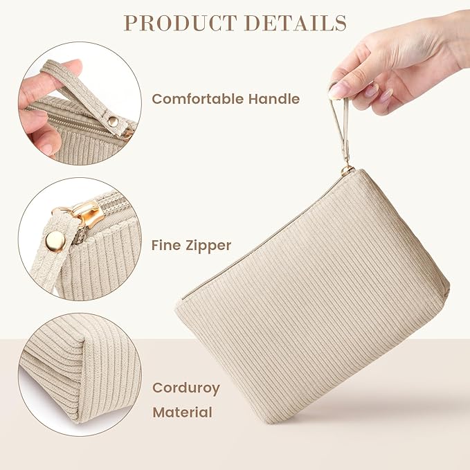 MAGEFY Small Makeup Bag, Corduroy Small Pouches for Purse Cosmetic Bag Makeup Pouches for Key Pocket Lipstick Bag Card Holder Data Cable Organizer(Beige,Small)