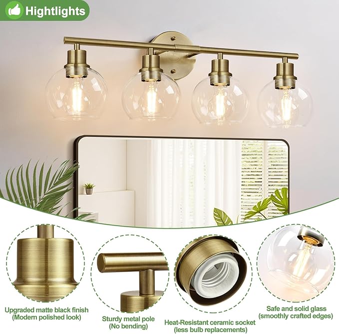 4-Light Bathroom Light Fixtures, Brushed Brass Bathroom Lights Over Mirror with Clear Glass Globe Shade, Vanity Lights for Bathroom Kitchen Living Room Hallway Cabinet Bedroom Porch