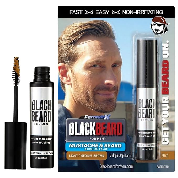 Blackbeard for Men Beard Color – 1-Day Beard, Mustache, Eyebrow, Sideburns Color – Temporary Facial Hair Tint - Hypoallergenic Beard Dye Alternative – Up to 45 applications– Light/Medium Brown, 1 Pack
