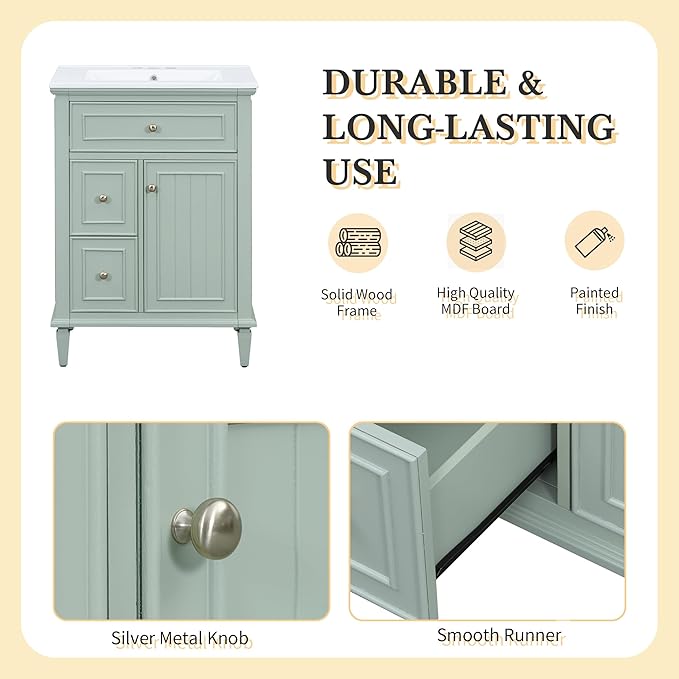 Harper & Bright Designs 24" Bathroom Vanity with Sink, Free Standing Single Basin Vanity Set with Tip-Out Drawer, 2 Drawers, and One Door, Storage Cabinet with Ceramic Basin for Bathroom, Green