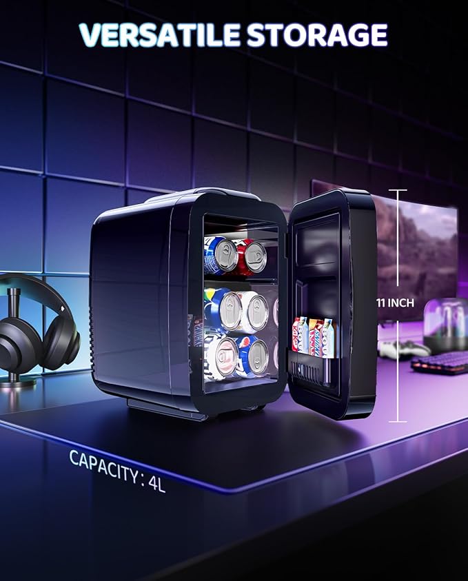 MF01C Mini Fridge, 7 Light Modes With Running Light Mode, 4 Liter/6 Cans, Quiet Cooling & Retention Function, AC/DC Power, Gaming Mini Fridge for Bedrooms, Office and Car