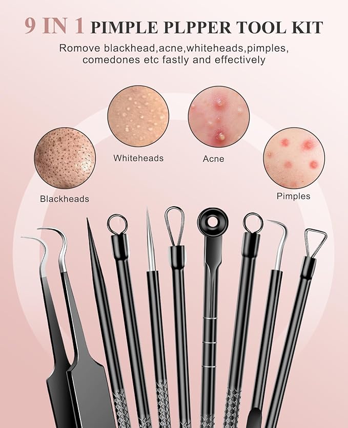 5PCS Blackhead Remover Pimple Popper Tool Kit, Professional Stainless Pimple Acne Blemish Removal Tools Kit for Face (Black)