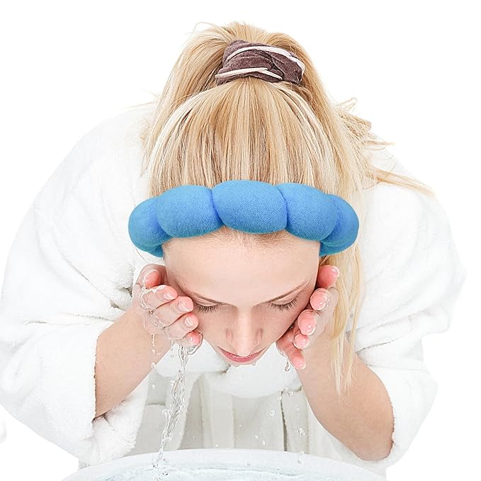 Zkptops Spa Headband for Washing Face Wristband Set Sponge Makeup Skincare Terry Cloth Bubble Soft Get Ready Hairband for Women Girl Puffy Padded Headwear Non Slip Thick Hair Accessory(Dark Blue)