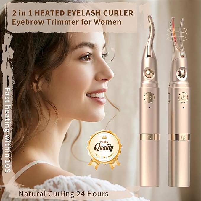Heated Eyelash Curlers - 2 in 1 Electric Eyelash Curler & Eyebrow Trimmer for Women Best for Women's Makeup Tool Type C Rechargeable Natural Curling Easy for Beginners to Use (Gold-001)