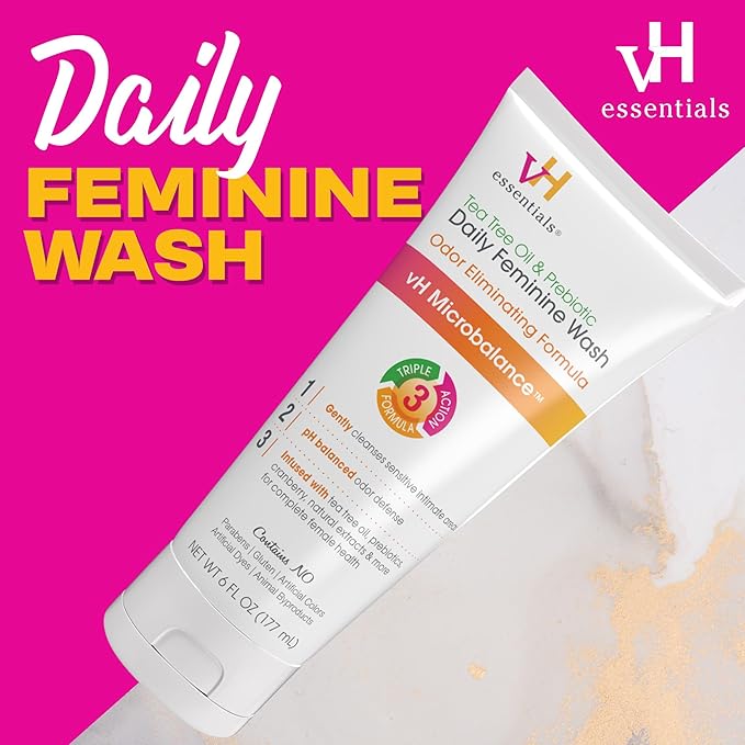 AmLactin Daily Moisturizing Lotion for Dry Skin – 7.9 oz Pump Bottle – 2-in-1 Exfoliator - Body Lotion with 12% Lactic Acid (Packaging May Vary) and vH essentials, Ph Balanced Daily Feminine Wash, Tea Tree Oil & Prebiotic, 6, Fl Oz, (Pack Of 1) 54306 C...