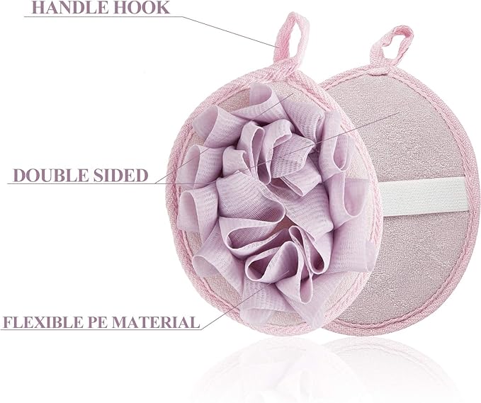 Boao 6 Pcs Bath Shower Pouf Sponge Mesh Pouf Shower Ball Exfoliating Body Sponge Pad Scrubber Glove with Flower Bath Ball (Beige,Green,Purple)