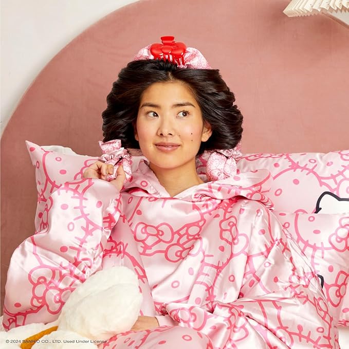 Hello Kitty x Kitsch XL Satin Heatless Curling Set- Heatless Hair Curler To Sleep In for Frizz-Free & Soft Curls, Comes with Bow Shape Design Hair Claw and Satin Scrunchies, Gifts for Women, 4pc Set