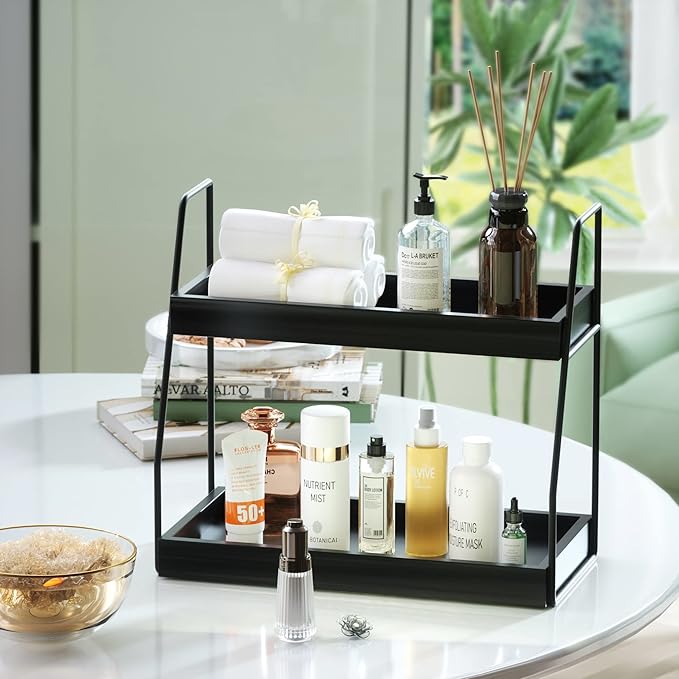 ZGO 2-Tier Modern Bathroom Counter Organizer, Wooden Sink Organizer Shelf for Vanity Storage, Makeup Bedroom Corner (Black Frame, 2 Shelves)