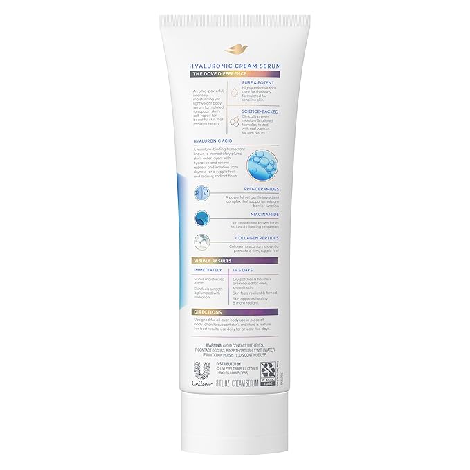Dove Cream Serum Hyaluronic + Hydration for Extra Dry, Flaky Skin, with Pro-Ceramides, Niacinamide and Collagen Peptides Lotion, 8 oz,(Pack of 2)