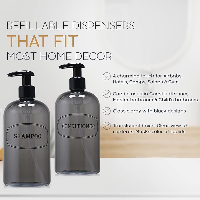 Bottiful Home-16 oz Shampoo and Conditioner Refillable Empty Plastic Pump Bottle Dispenser Set (Gray)