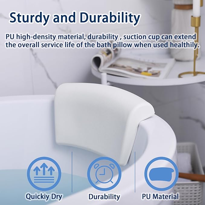 Bath Pillow, Bath Pillows for Tub with Head, Neck and Shoulder Support, Ergonomic Waterproof Bathtub Pillow with Strong Non-Slip Suction Cups, Relaxing Spa, Hot Tubs, Bathroom Essentials White
