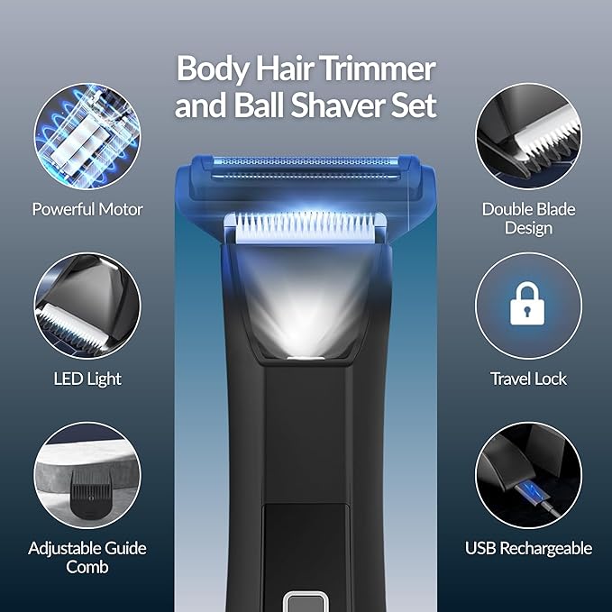 Three-in-One Waterproof Wet/Dry Groomer with Travel Case and Travel Lock, Black, LED Display, Ball Foil Shaver, Nose Hair Clippers, and Groin & Body Hair Trimmer by Paradise Bliss, Black