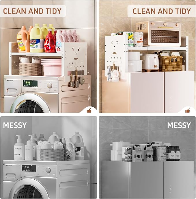 Adjustable Top Storage Shelf for Refrigerator or Washer, Dryer Countertop, Expandable Storage Shelves for Kitchen, Laundry Room and Dorm Room (White)