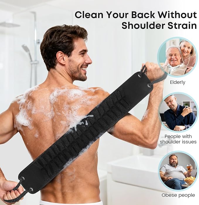 Back Scrubber with Handles for Shower, 40 Inches Dual-Sided Back Washer with Exfoliating Texture and Loofah for Men, Women and Elderly, Bath Back Exfoliator Body Cleaner for Deep Cleansing